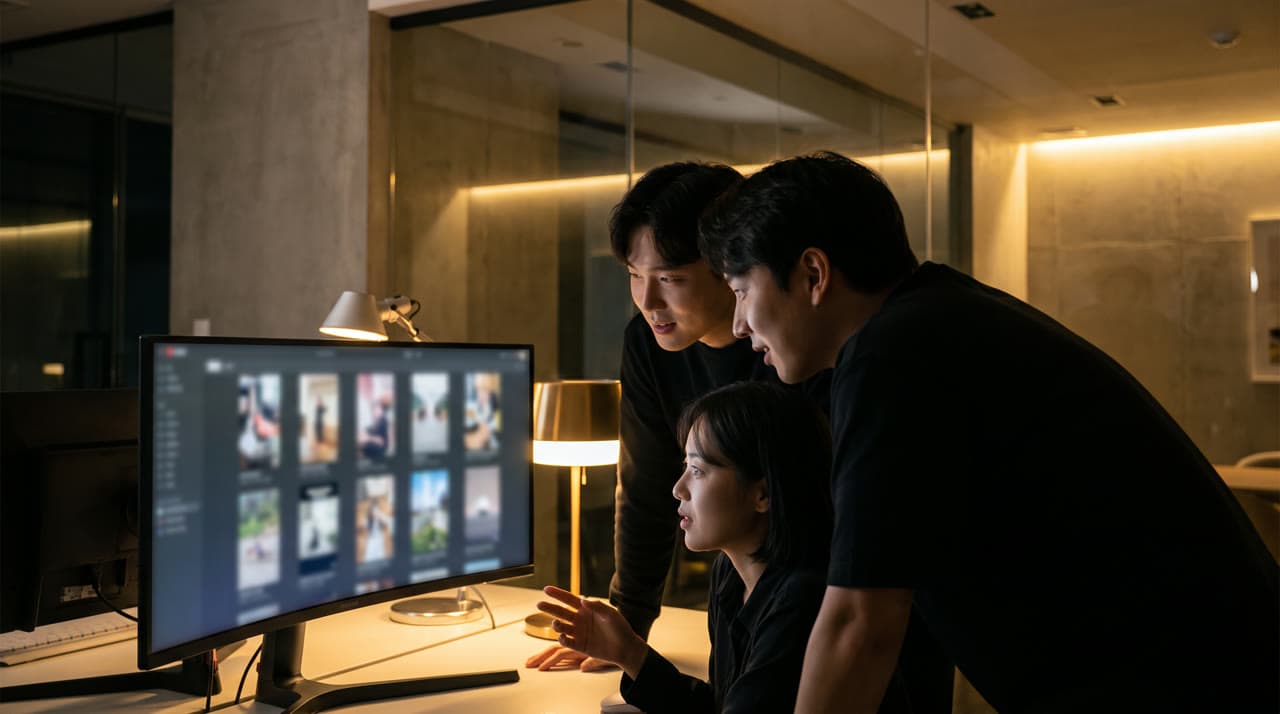 A small team reviewing vertical video thumbnails on a large monitor