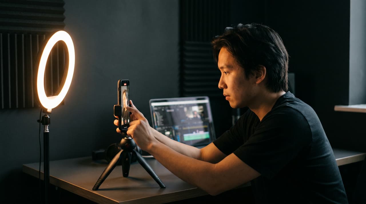 A creator recording to camera with a microphone
