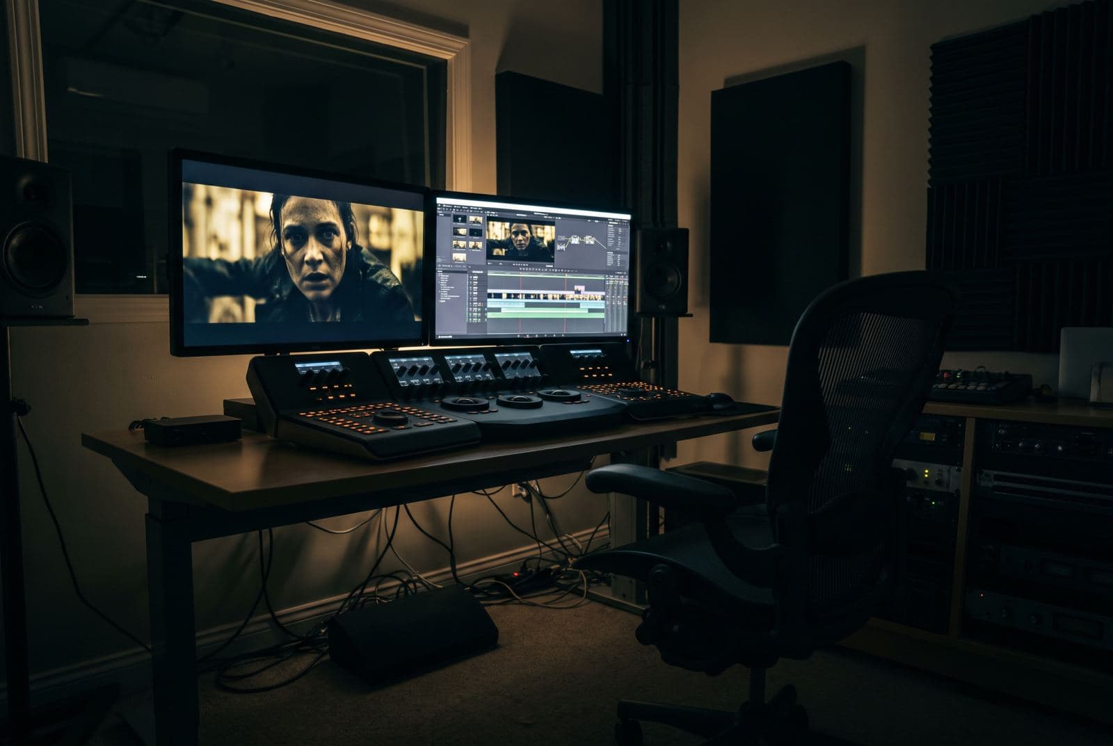 An editing suite with a film scene on screen