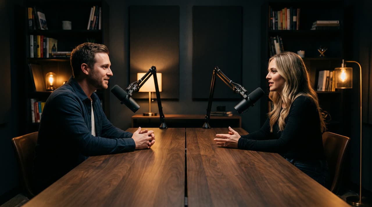 Two podcast hosts recording in a warm, dark studio